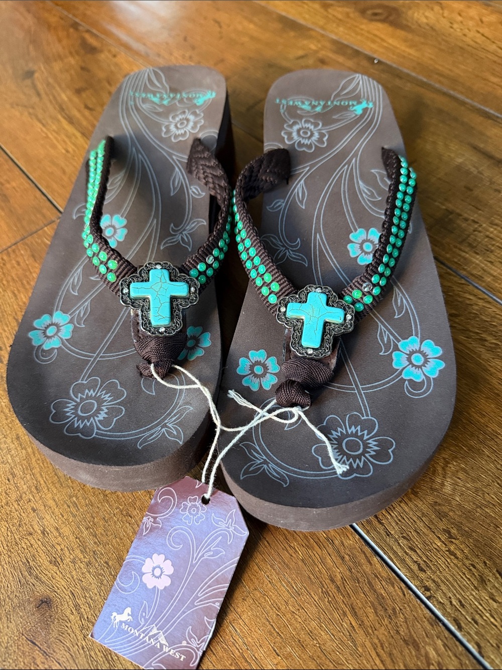 Montana West Brown Flip Flops with Turquoise Cross Accents